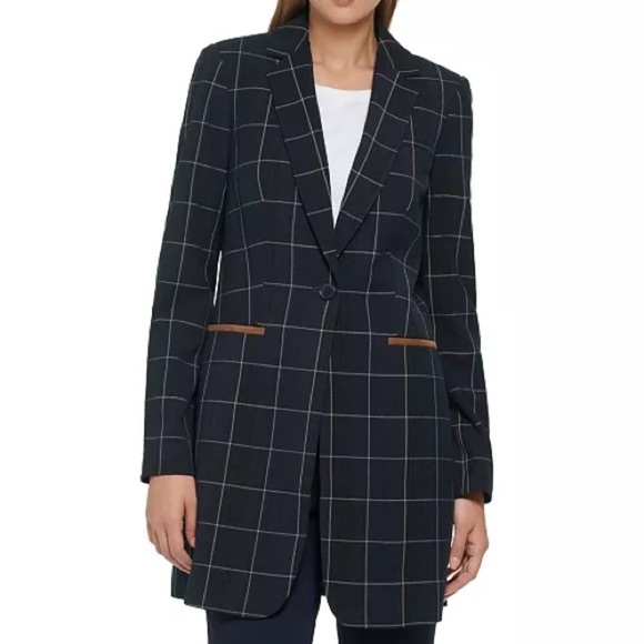 Tommy Hilfiger Window Pane Blazer Long Elbow Patch Equestrian Navy Brown Plaid - Picture 1 of 9